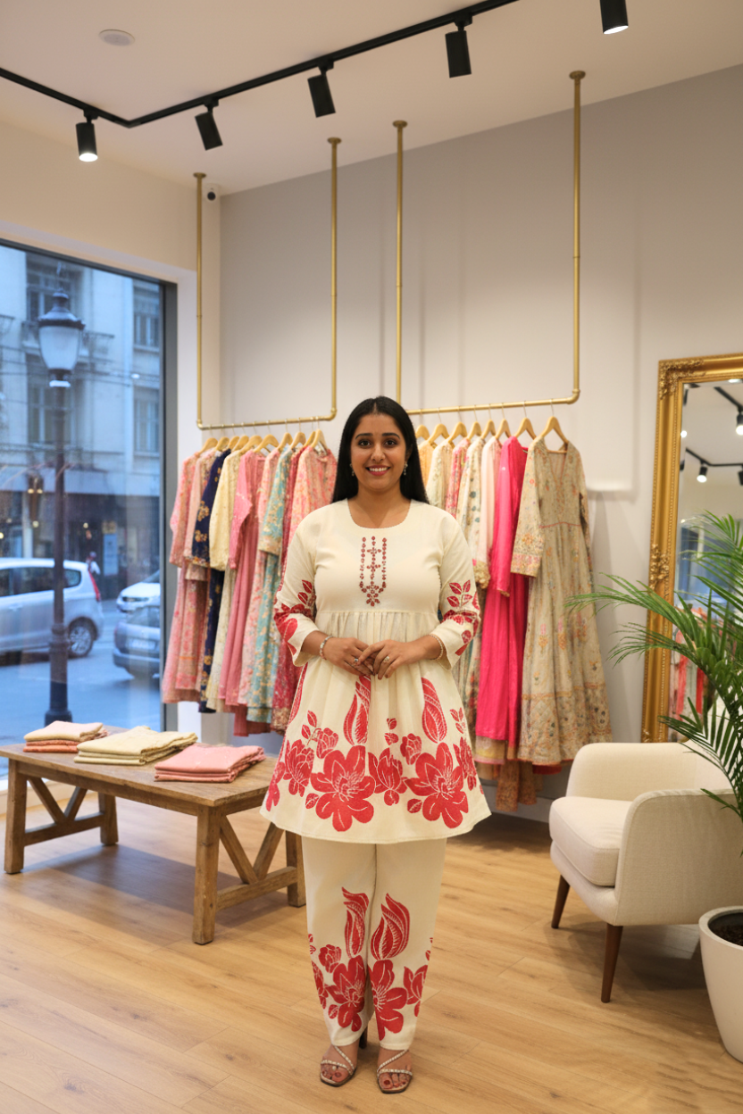 Red Flower | Of-white Co-ord Set