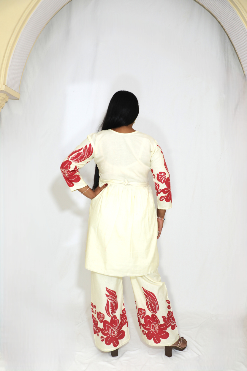 Red Flower | Of-white Co-ord Set