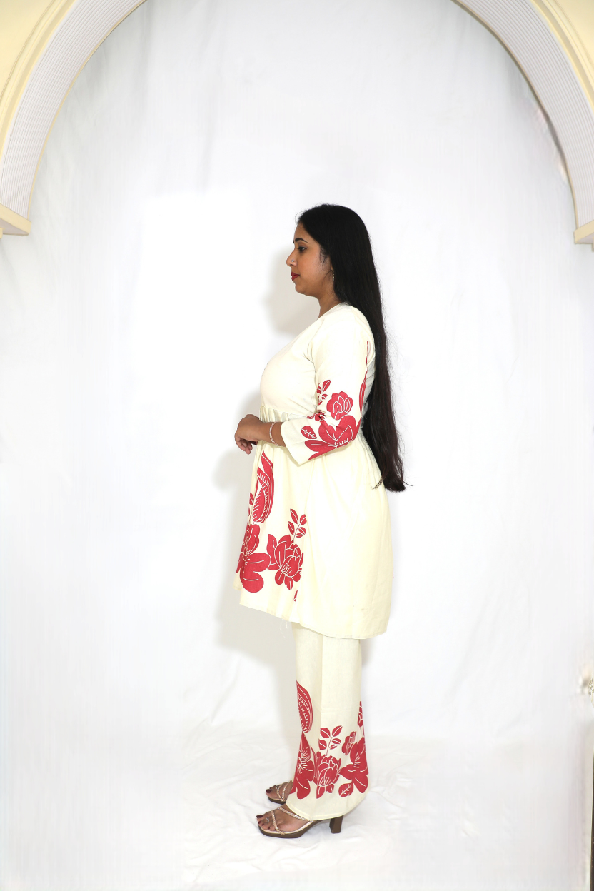 Red Flower | Of-white Co-ord Set