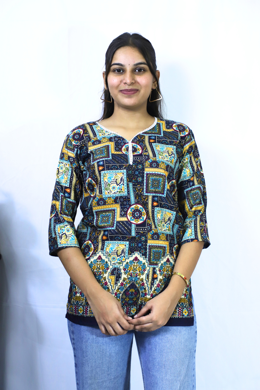 Peacock Color Printed Rayon Kurti | Soft & Stylish Daily Wear