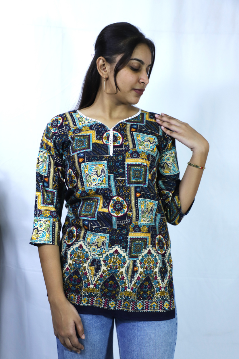 Peacock Color Printed Rayon Kurti | Soft & Stylish Daily Wear