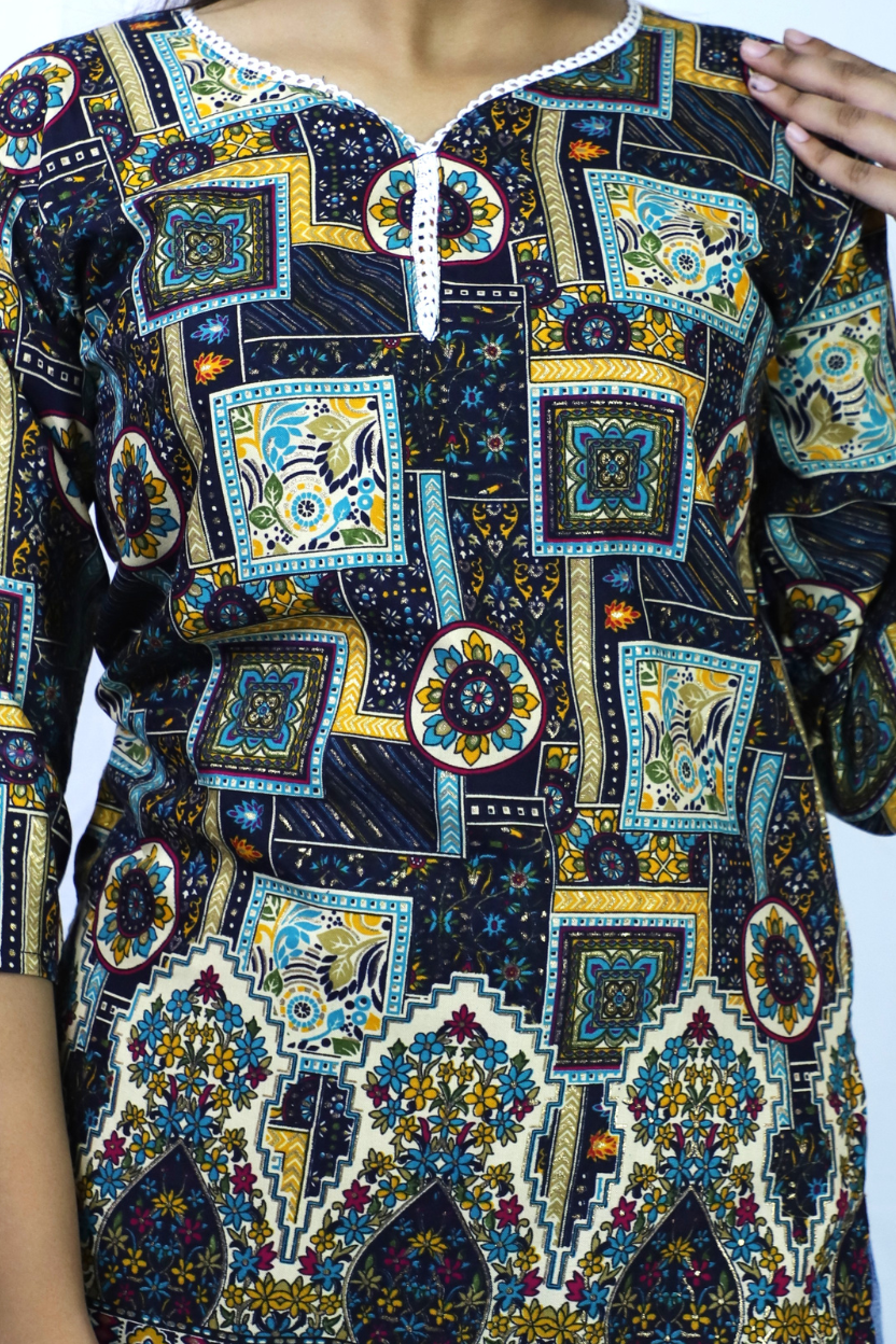 Peacock Color Printed Rayon Kurti | Soft & Stylish Daily Wear