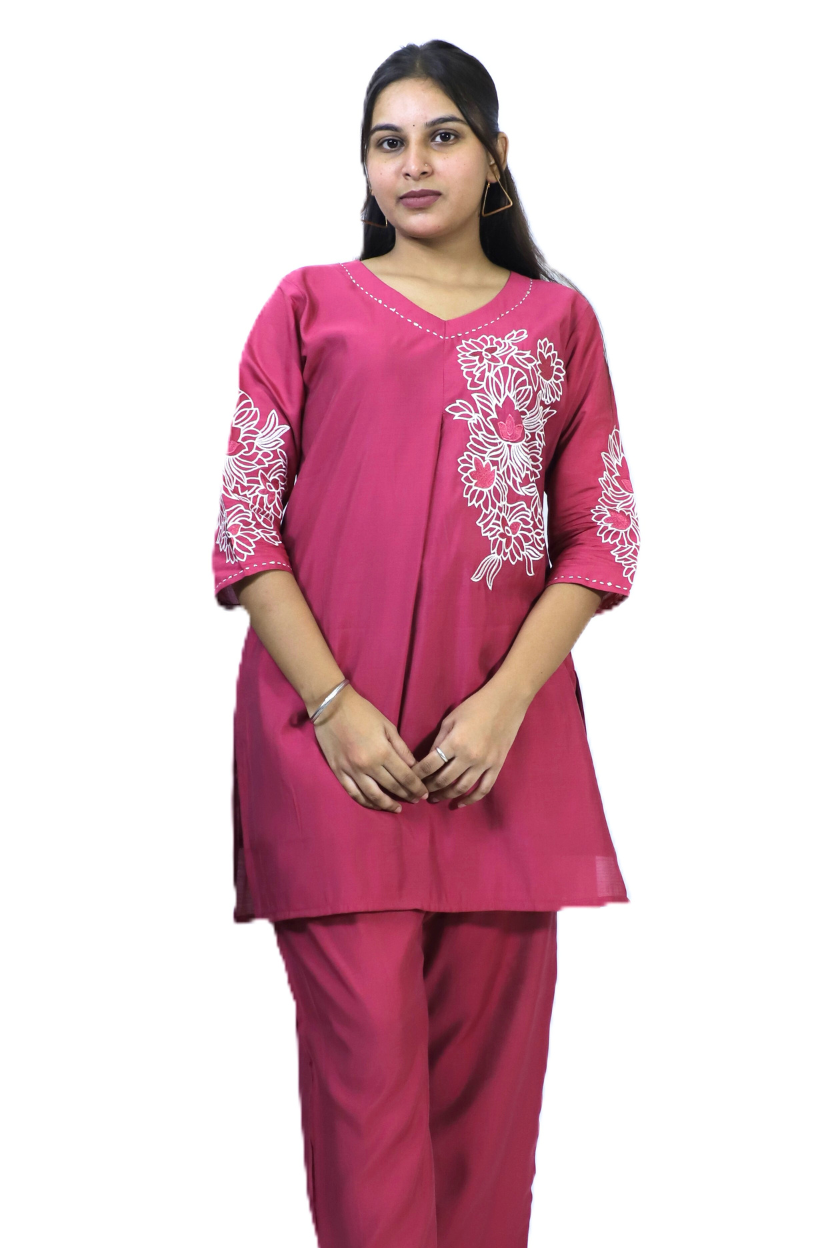 Pink Party Wear Co-ord Set | Silk Fabric with Thread Work