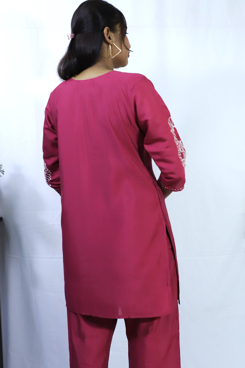 Pink Party Wear Co-ord Set | Silk Fabric with Thread Work