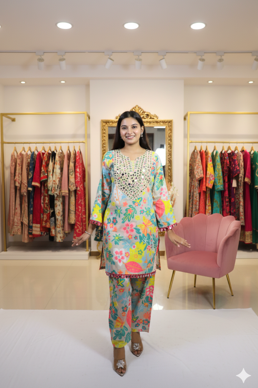 Roman Silk | Multi-Color Co-ord Set with Mirror Patch Work