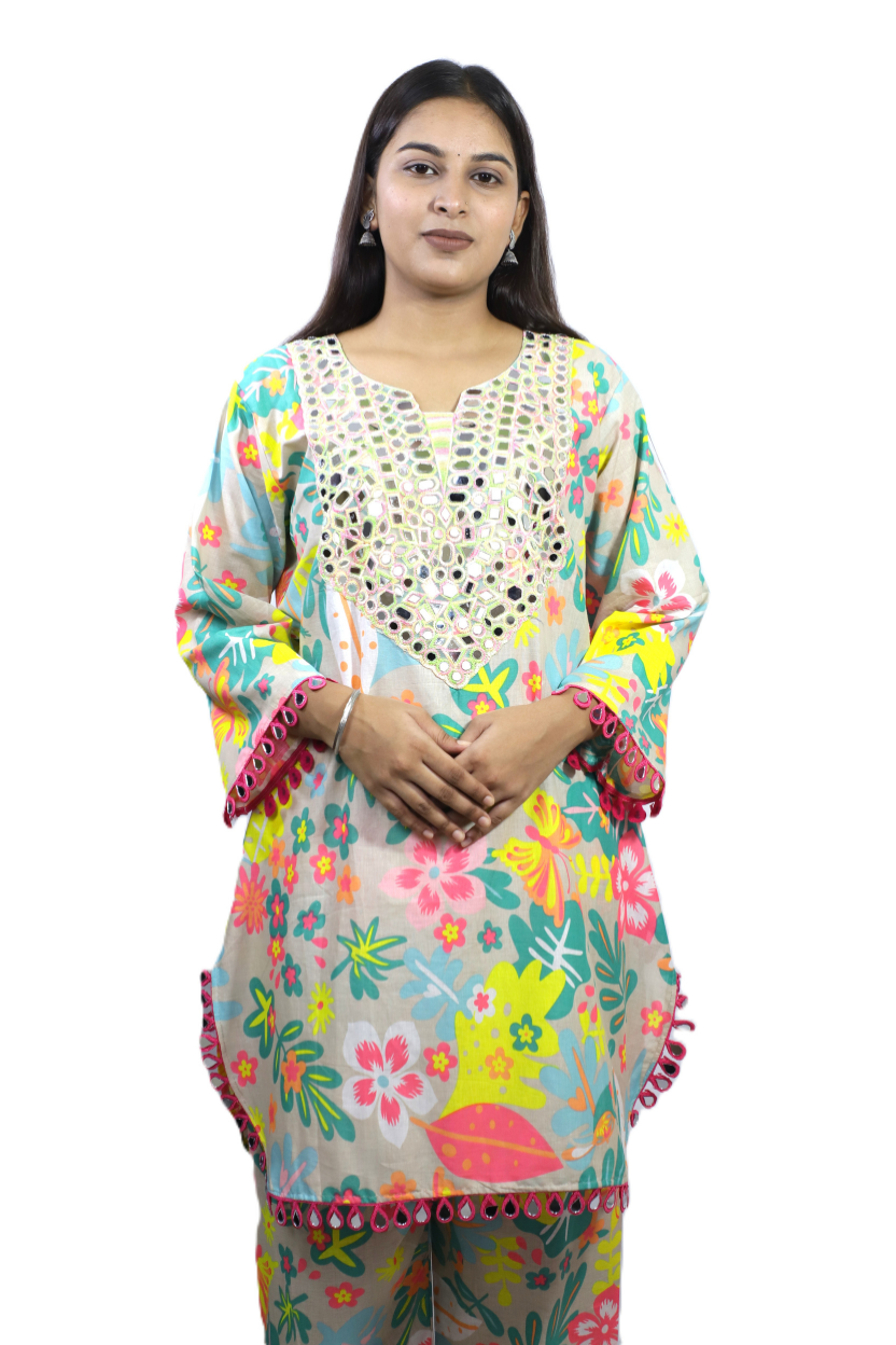 Roman Silk | Multi-Color Co-ord Set with Mirror Patch Work