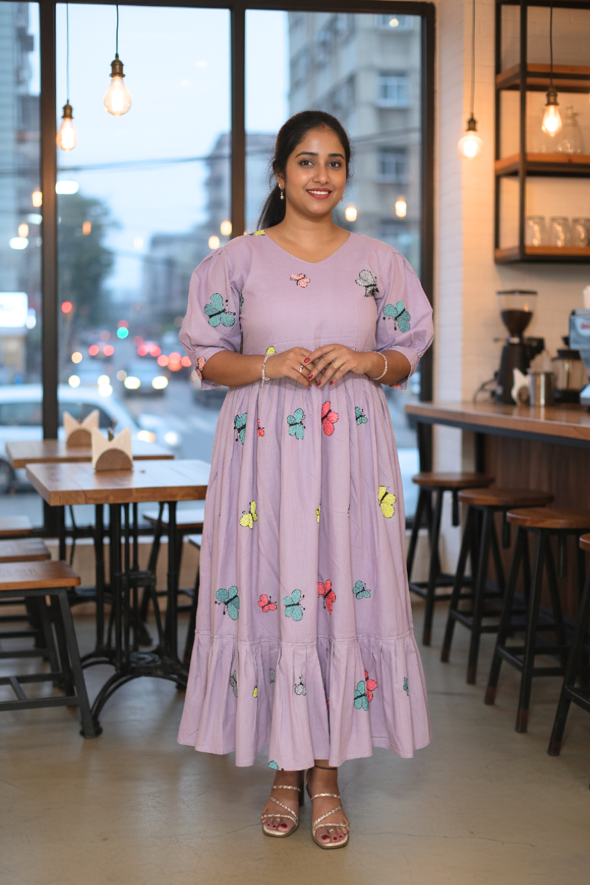 Roman Silk Purple Gown with Thread Work
