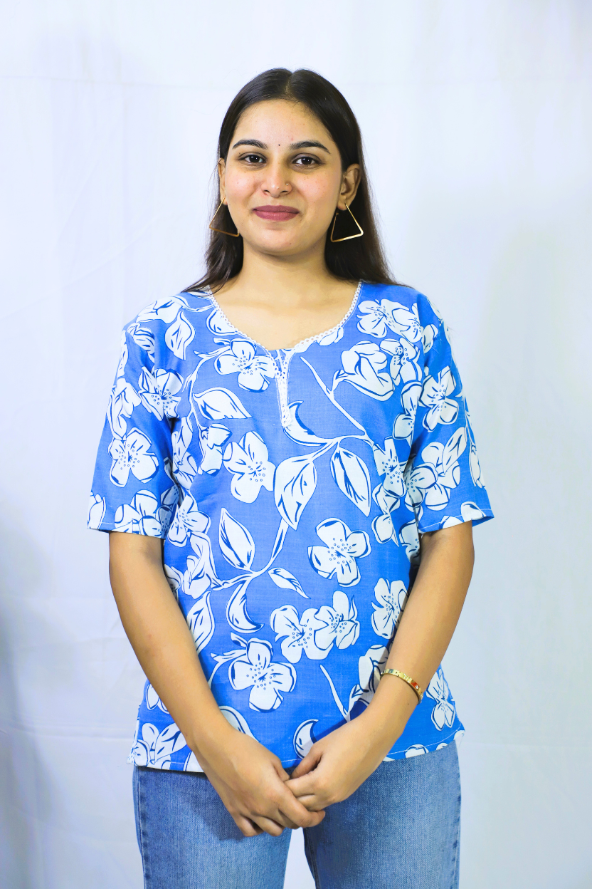 Sky Blue Cotton Kurti with Flower Pattern | Soft & Everyday Wear