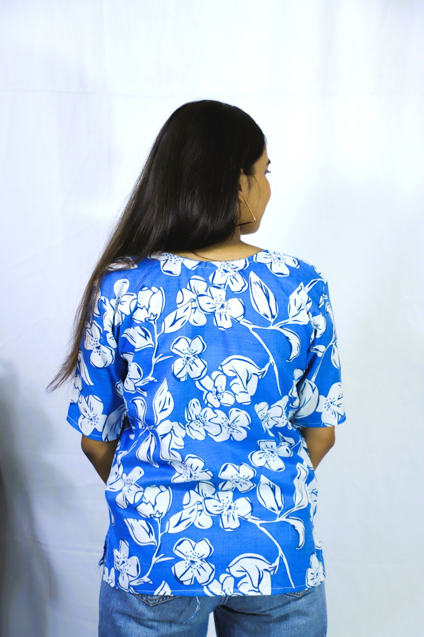 Sky Blue Cotton Kurti with Flower Pattern | Soft & Everyday Wear