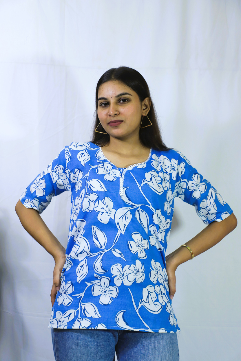 Sky Blue Cotton Kurti with Flower Pattern | Soft & Everyday Wear