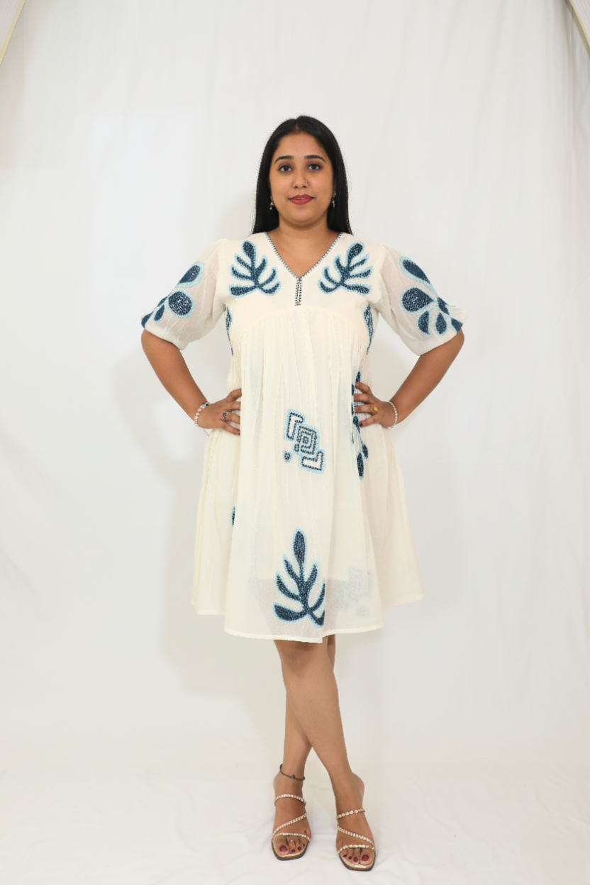 Cotton White Short Dress with Thread Work | Elegant Everyday Wear