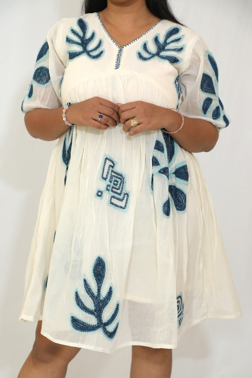 Cotton White Short Dress with Thread Work | Elegant Everyday Wear