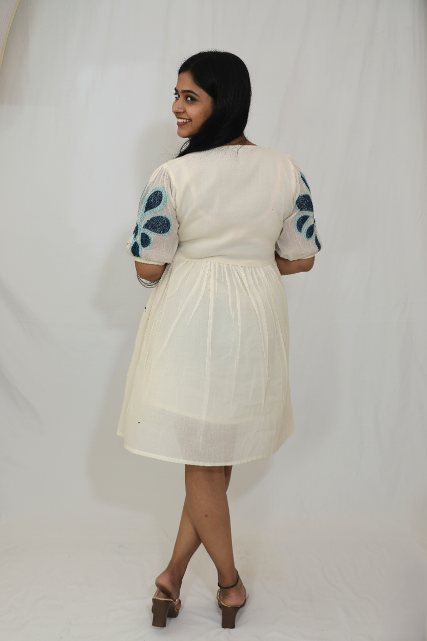 Cotton White Short Dress with Thread Work | Elegant Everyday Wear