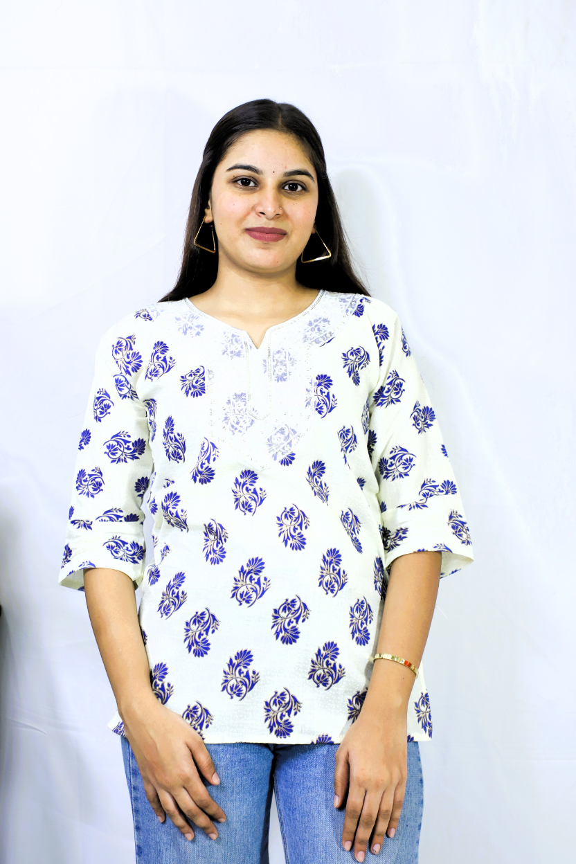 Cotton White Kurti with Blue Print | Everyday Comfortable Wear
