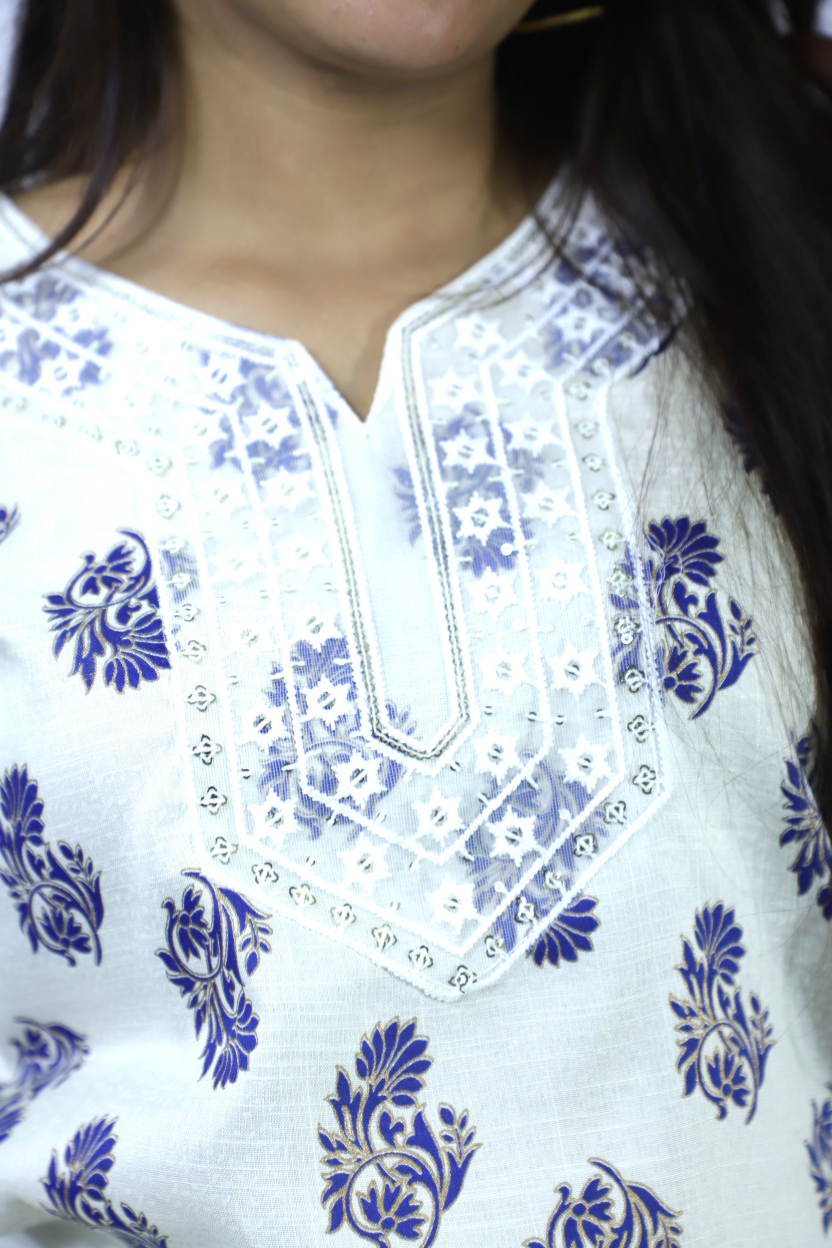 Cotton White Kurti with Blue Print | Everyday Comfortable Wear