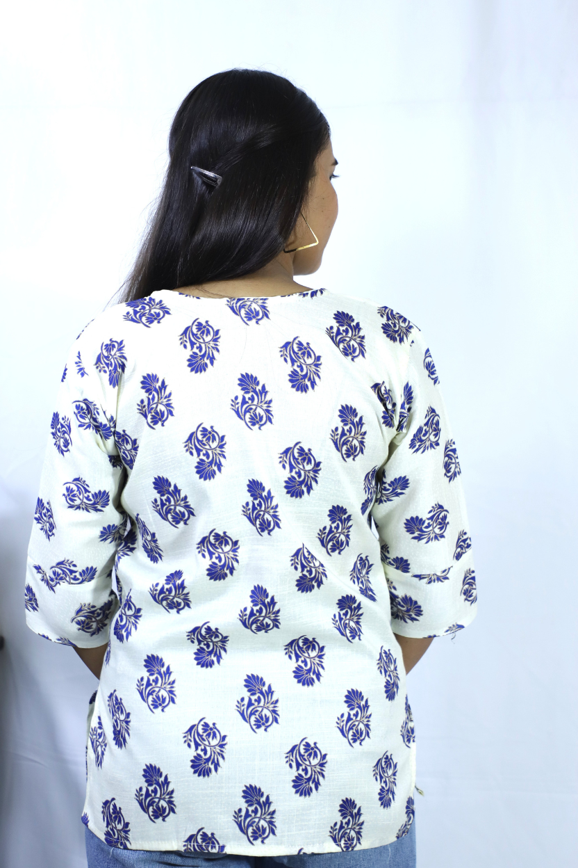 Cotton White Kurti with Blue Print | Everyday Comfortable Wear